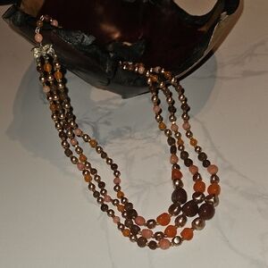 Brown and Pink Multi-Strand Beaded Necklace Vintage Japan 60s 10" Long Strand